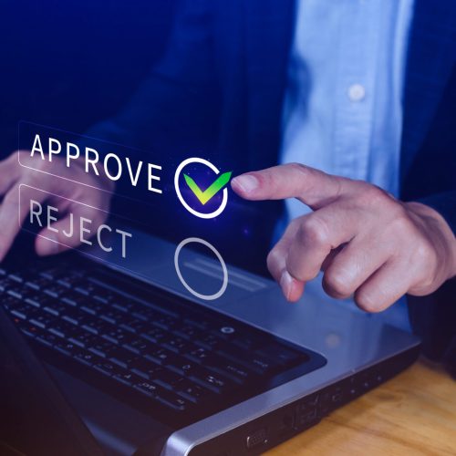 Approve or reject guarantee concept, Approved, accept, pass inspection, tick correct mark to approve document and project, Management, examine, business, survey, tick, certification.